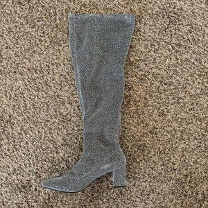 🆕Women's Silver Synthetic Thigh High Pointy-toe Shiny Dressy Over The Knee Boot